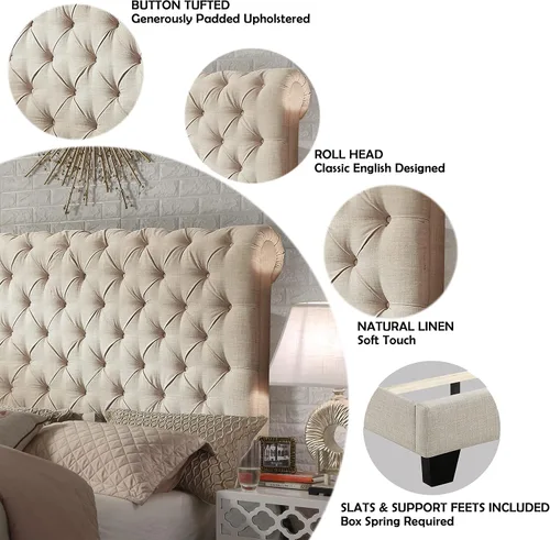 Miniatura 5 de Rosevera Corrine - Base de cama tapizada con cabecero acolchado con botones, cabecera ajustable, cabecera enrollada, soporte de listones de madera