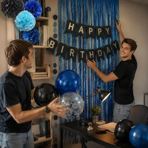 Miniatura 5 de ANSOMO Decoraciones de Fiesta de Cumpleaños Azul y Negro para Niños Hombres Pancarta Globos Azul Marino Azul Real Azul Claro Pompones Cortina