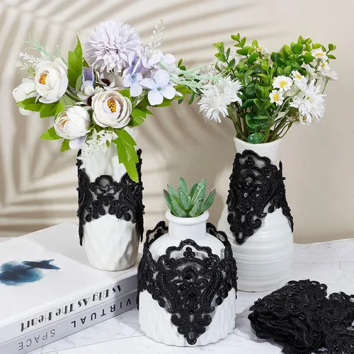 Miniatura 7 de GORGECRAFT 3 yardas y 5 pulgadas de encaje negro Venecia bordado inelástico bordado festoneado cinta de flores bordadas de cuentas patrón de ondas