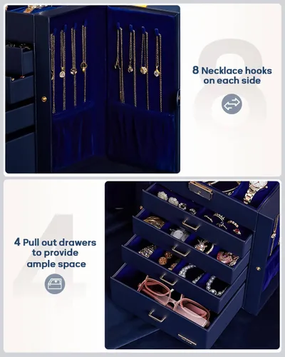 Miniatura 59 de Homde Regalos de Navidad de cuero sintético, enorme joyero, organizador de reloj con espejo, collar, anillo y aretes, estuche de regalo con Dorado