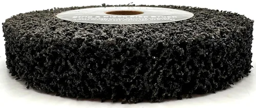 Miniatura 8 de Rueda de cepillo de solapa no tejida para amoladora de banco de 6" x 1" Negro, Grano 40 Extra Grueso, Desbaste y Limpieza, Granulado de Metal