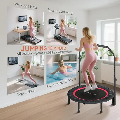 Miniatura 6 de Soozier Trampolín Rebounder para adultos, mini trampolín plegable con barra de mango ajustable, silencioso y seguro Bungee Rebounder Saltar Rojo
