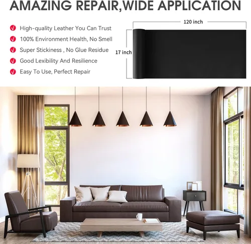Miniatura 4 de Parche de reparación de cuero, cinta de reparación de cuero autoadhesiva de 17 x 120 pulgadas, parches de cuero grandes para sofás, muebles, Negro