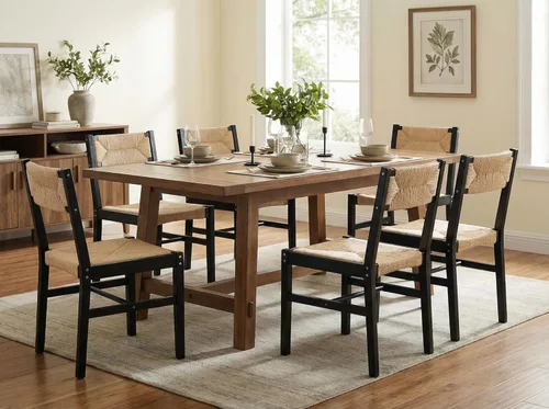 Miniatura 9 de BESTANO Juego de 2 sillas de comedor de ratán tejido, sillas de comedor bohemias de mimbre estilo granja, silla de comedor de caña de madera negra