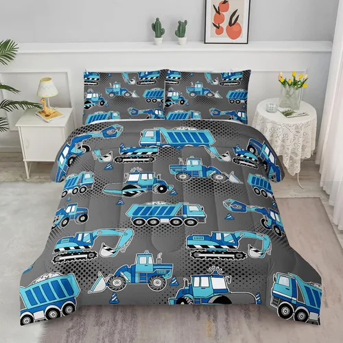 Juego de ropa de cama de coche de dibujos animados para niños, edredón de vehículos de construcción para niños, juego de camión de maquinaria con 1