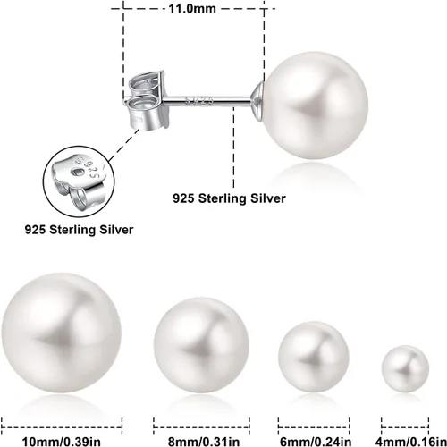 Miniatura 2 de Aretes de tuerca chapados en oro blanco de 18 quilates con perlas de imitación para mujeres y niñas, aretes de boda de perlas blancas, joyería