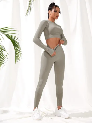 Miniatura 4 de Milumia Conjunto de entrenamiento de 2 piezas de cintura alta sin costuras para mujer, de manga larga, para ir al trabajo, yoga, talla L