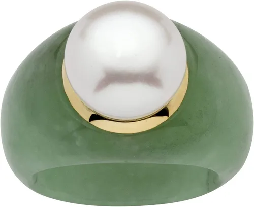 Anillo redondo de oro amarillo de 10 quilates con perlas cultivadas de agua dulce (0.433 in) y jade verde