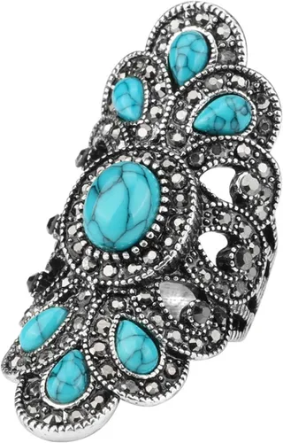 LadayPoa Anillos vintage azul turquesa para mujer, anillos largos de flores gruesas, anillo de dedo bohemio retro grande, accesorios de joyería punk