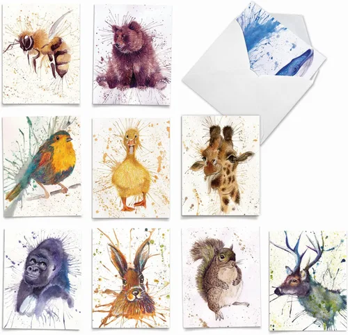The Best Card Company - Juego surtido de tarjetas de felicitación en blanco con acuarela de animales para todas las ocasiones - Incluye 10 diseños