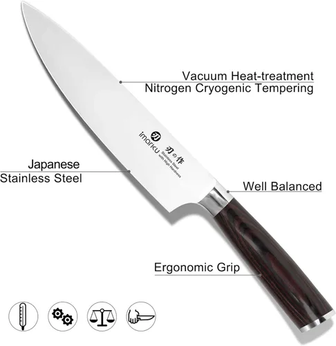 Miniatura 2 de Cuchillo de chef de 8 in de acero inoxidable de alto carbono ergonómico de Imarku. Marrón y Plateado