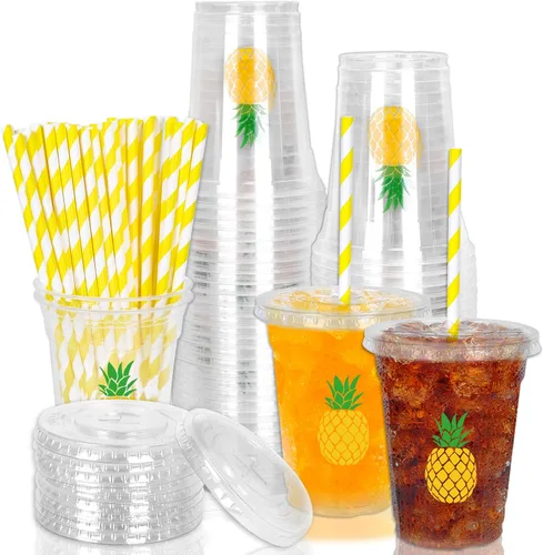 Miniatura 40 de Whaline 50 vasos de plástico desechables patrióticos de 12 onzas con tapas y pajitas con la bandera estadounidense del 4 de julio, vasos