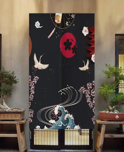 Miniatura 2 de Cortina japonesa Noren para puerta para el hogar o restaurante, 33.5 x 59 pulgadas (grúas y flores)
