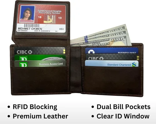 Miniatura 15 de Billetera plegable personalizada de piel auténtica para hombre, con bloqueo RFID, con ventana de identificación, tarjetero de cuero genuino