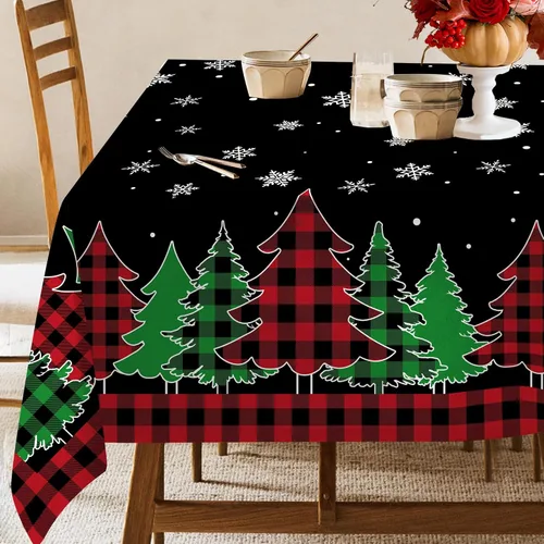 pinata Mantel de Navidad de 60 x 84 pulgadas, mantel rectangular con árboles de Navidad, cuadros búfalo negro oblongo de invierno, Navidad y copos