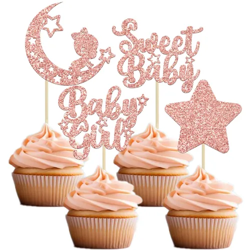 Miniatura 18 de Gyufise 24 piezas de adornos azules para cupcakes para bebé, con purpurina azul, estrellas, luna, dulce baby shower, niño, cupcakes para baby