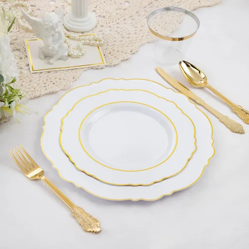 Miniatura 7 de Liacere 350 platos de plástico dorados, platos desechables blancos y dorados, vajilla de plástico barroco para 50 invitados, incluye 100 platos, 50
