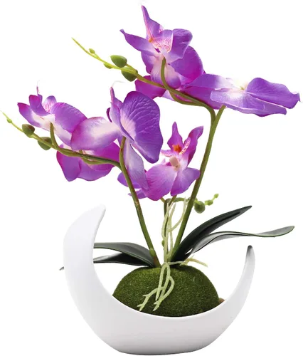 Miniatura 2 de MINYULUA Flor de orquídea artificial, arreglo floral de Phalaenopsis púrpura con jarrón, planta en maceta Bonsái para boda, fiesta, oficina, mesa