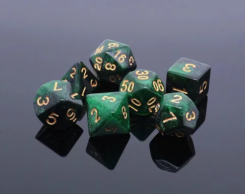 Miniatura 3 de Juego de dados poliédricos DND con brillo para juegos de rol de mazmorras y dragones (D&D) RPG, dados verdes mezclados con nebulosa negra