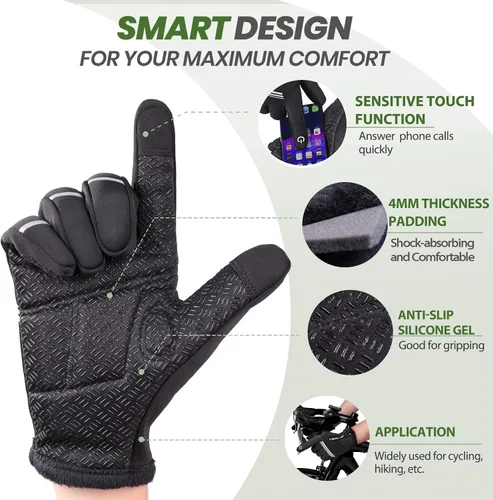 Miniatura 7 de Hikenture. Guantes de ciclismo de invierno, para hombres y mujeres. Guantes térmicos para bicicleta con dedos completos, para pantallas táctiles