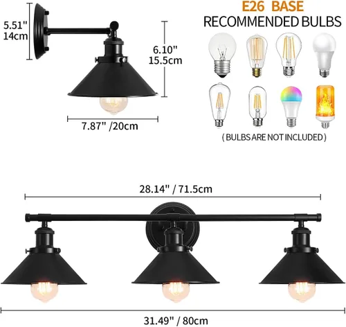 Miniatura 4 de TOULMJ Lámparas de tocador de baño, luces de tocador de granja, 3 lámparas de baño sobre espejo de pared con pantalla de metal, luces de tocador