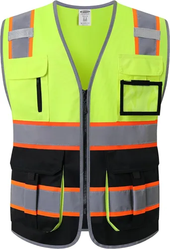 JKSafety Chaleco de seguridad frontal con 7 bolsillos de alta visibilidad con cremallera y tiras reflectantes. Cumple con los estándares ANSI/ISEA