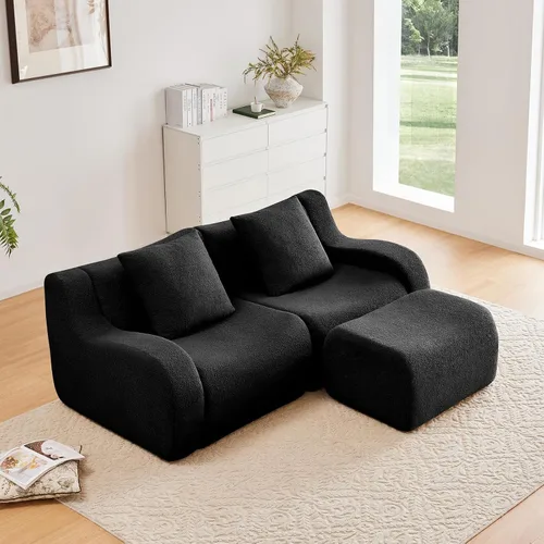 Miniatura 10 de Otomana de tela de peluche negra, moderno reposapiés modular sin hueso en una caja para sala de estar, cómodo diseño de asiento profundo,