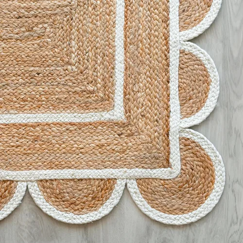 Miniatura 6 de Alfombra festoneada de yute natural, base natural, borde blanco hueso, 2 pies x 6 pies