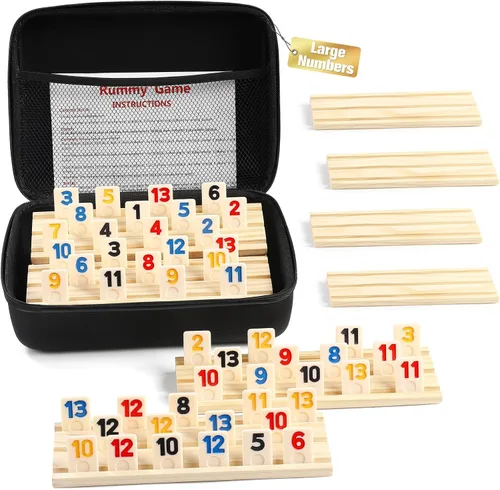 Miniatura 10 de Rummy Cube - Edición para 6 jugadores con 6 bastidores y bandejas de madera, juego de 160 fichas de Rummy de números grandes con funda