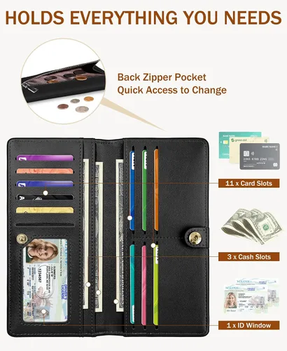 Miniatura 3 de Immaturus Cartera de Mujeres, Carteras de Tarjetas delgadas con bloqueo RFID, Organizador de Tarjeta de Crédito de Cuero PU doble con cremallera