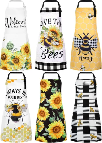 Miniatura 16 de Bencailor 6 delantales de cocina de verano con bolsillos, diseño de flores, gallo, abeja, mariposa, girasol, primavera, a granel para mujeres