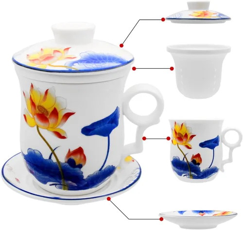 Miniatura 10 de Taza de té de porcelana con tapa de infusor y juegos de platillos – Taza de café de cerámica china Jingdezhen Taza de té de hoja suelta Sistema