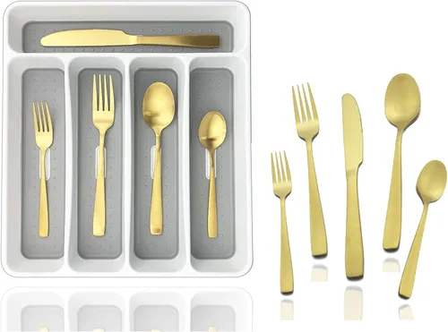 Miniatura 10 de JASHII - Juego de cubiertos con bandeja, 20 piezas de acero inoxidable cuadrado cubiertos servicio para 4, acabado mate, utensilios de alimentación