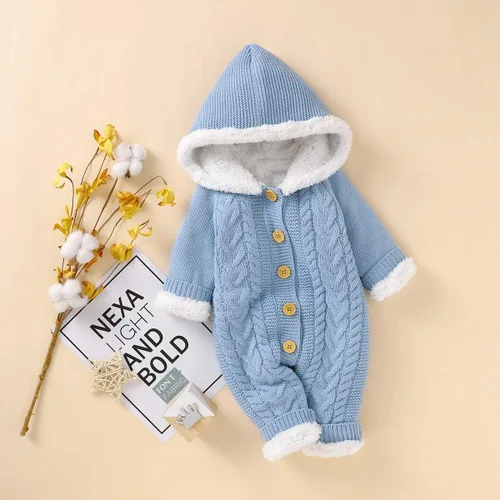 Miniatura 4 de puseky Mameluco de vellón de punto para bebé recién nacido, con capucha, de una pieza, para exteriores, Azul Patchwork, 0-6 meses
