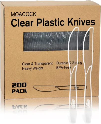 MOACOCK 200 cuchillos de plástico transparente, cucharas desechables pesadas, cubiertos de plástico, cubiertos de plástico transparente a granel