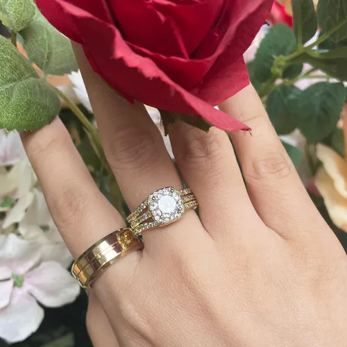 Miniatura 9 de Anillos a juego para parejas, anillos a juego de 1.8 quilates chapados en oro de circonita cúbica para mujer, conjuntos de anillos de boda para él