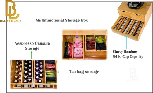 Miniatura 5 de Soporte extragrande de bambú para mostrador, cajón organizador de 2 niveles K-Cup