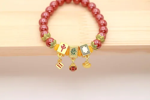 Miniatura 3 de Pulsera de cinabrio natural con cobre chapado en oro Mahjong Design Charm Lucky Bead Tamaño 0.315 in