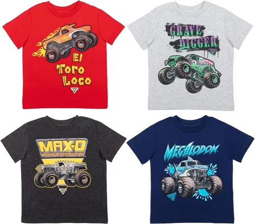 Monster Jam El Toro Loco Zombie Maximum Destruction - Paquete de 4 camisetas gráficas para niños pequeños a grandes, Carbón, azul marino