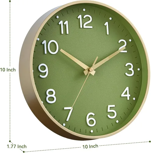 Miniatura 8 de Roymnie Reloj de pared verde, 10 pulgadas, silencioso, funciona con pilas, moderno reloj analógico sin tictac, decorativo para cocina, dormitorio