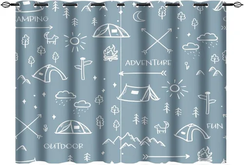 Miniatura 29 de Cortinas abstractas con estampado de cámper de caricaturas, divertido tema de aventura, campamento, montañas, vida silvestre, oso, tratamiento