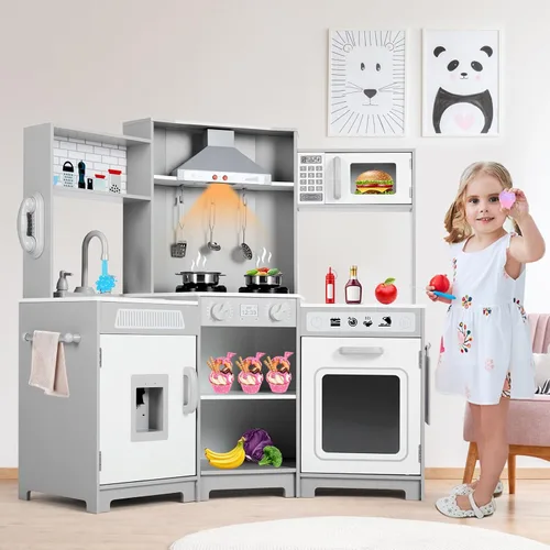 Miniatura 7 de JOYLDIAS Cocina de juego para niños, esquina de madera con luces y sonidos realistas, horno microondas, dispensador de agua, teléfono, fregadero