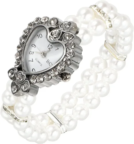Miniatura 2 de Hemobllo - Reloj de cuarzo para mujer, con perlas elásticas, con esfera de corazón y diamantes de imitación, estilo casual, para niñas, regalo