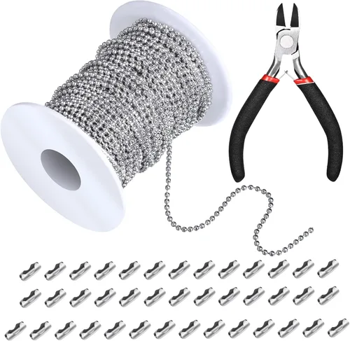 Mudder Cadenas de collar de bolas de 65 pies, rollo de cadena de eslabones de cuentas de 0.157 pulgadas con 40 conectores de bola y alicates para