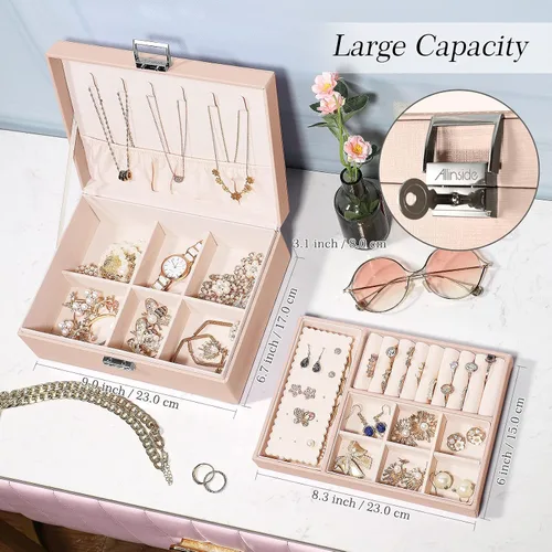 Miniatura 4 de Allinside Joyero organizador para mujeres, adolescentes y niñas, 2 capas de piel sintética con cerradura, forro de terciopelo, opción de regalo