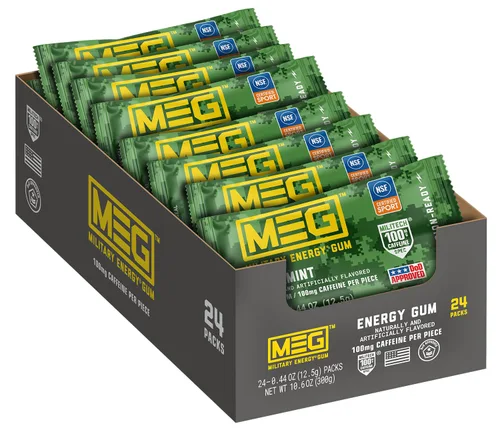 MEG - Goma de mascar de energía militar | 100 mg de cafeína por pieza + aumenta la energía + aumenta el rendimiento físico + menta verde paquete de