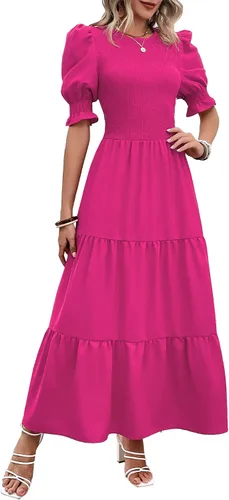 Miniatura 146 de BTFBM Vestidos para mujer, cuello redondo, casual, de verano, con volantes, manga corta, bohemio, con niveles, fruncido, largo, con estampado floral