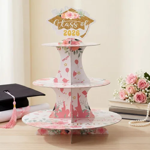 Miniatura 3 de Tioncy Juego de 2 soportes florales de 3 niveles para cupcakes de graduación para 24 cupcakes, decoración de tapa de graduación de cartón