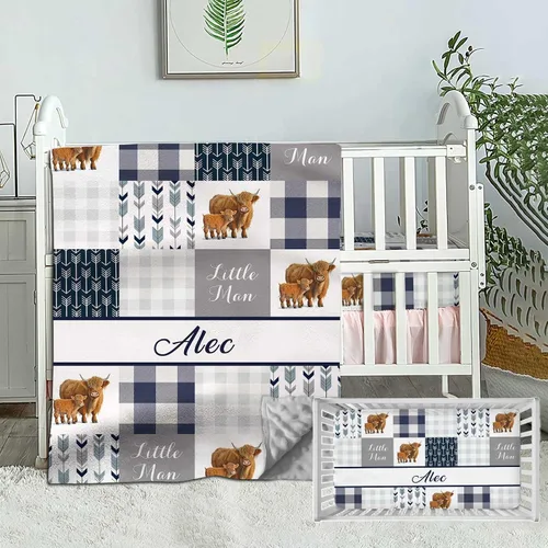 Juego de ropa de cama personalizado para cuna de bebé, edredón de cuna con nombre personalizado, 2 piezas de ropa de cama azul de vaca alta tierra,