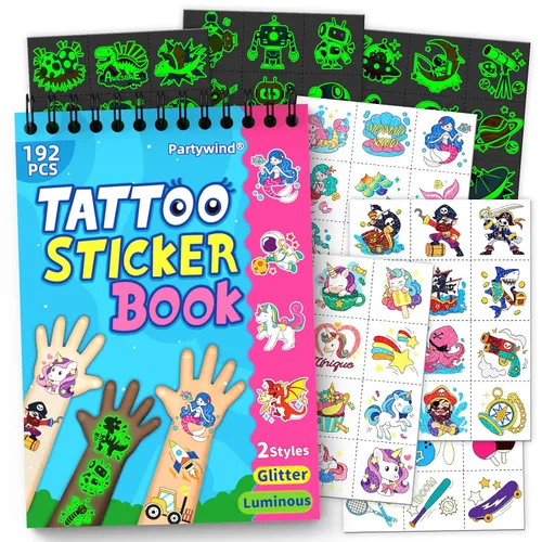 Partywind Libro de tatuajes temporales con brillo y purpurina de 192 estilos para niños, 16 temas, tatuajes temporales para niños, recuerdos de